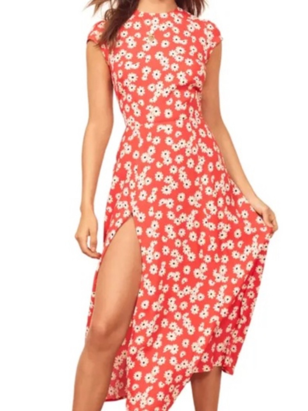 REVOLVE Coral Midi Dress with White Daisy Print